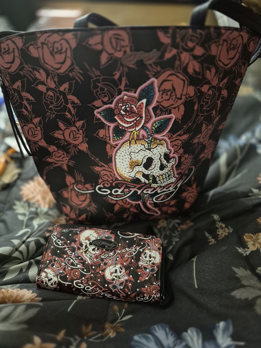Ed Hardy Black & Pink Rose Skull Tote Bag